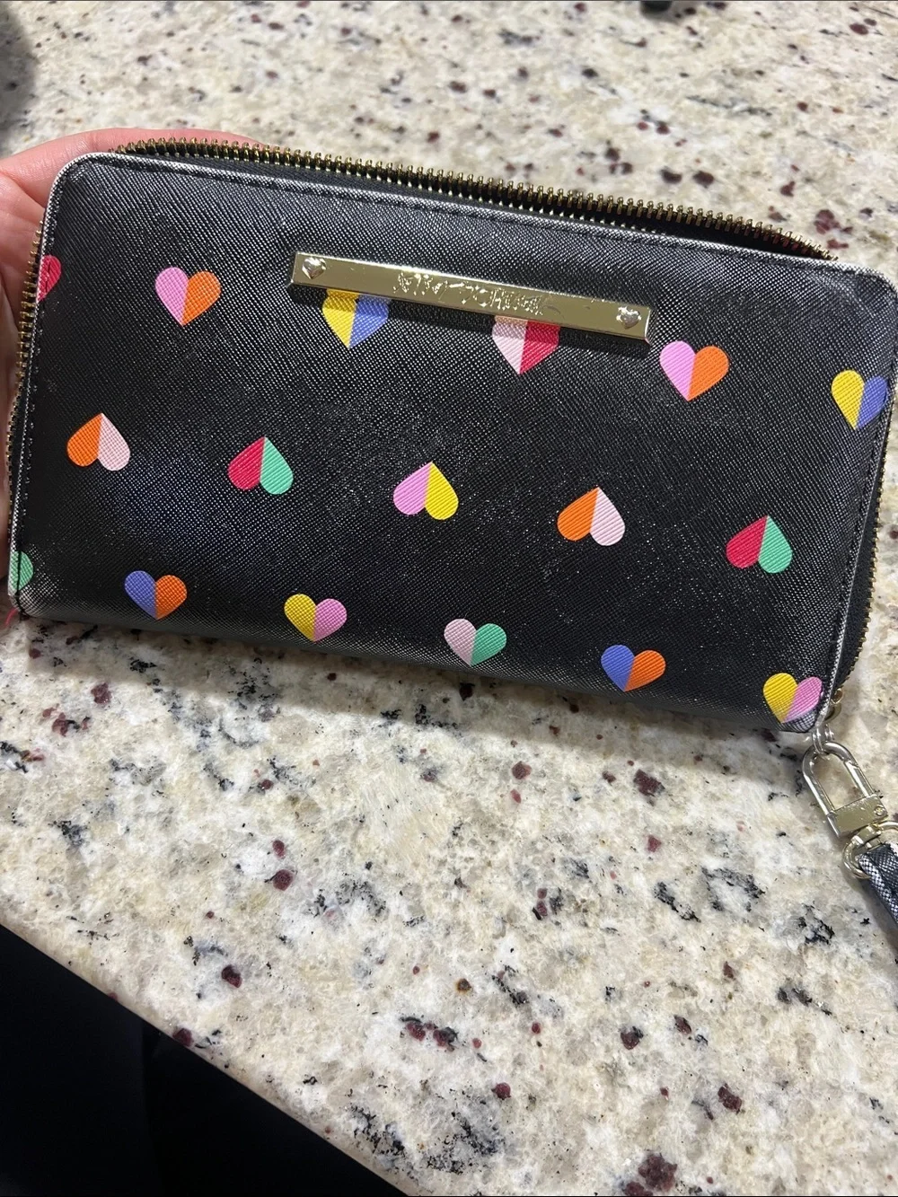 Betsey Johnson Black Zip-Around Wallet with Multicolor Heart Print